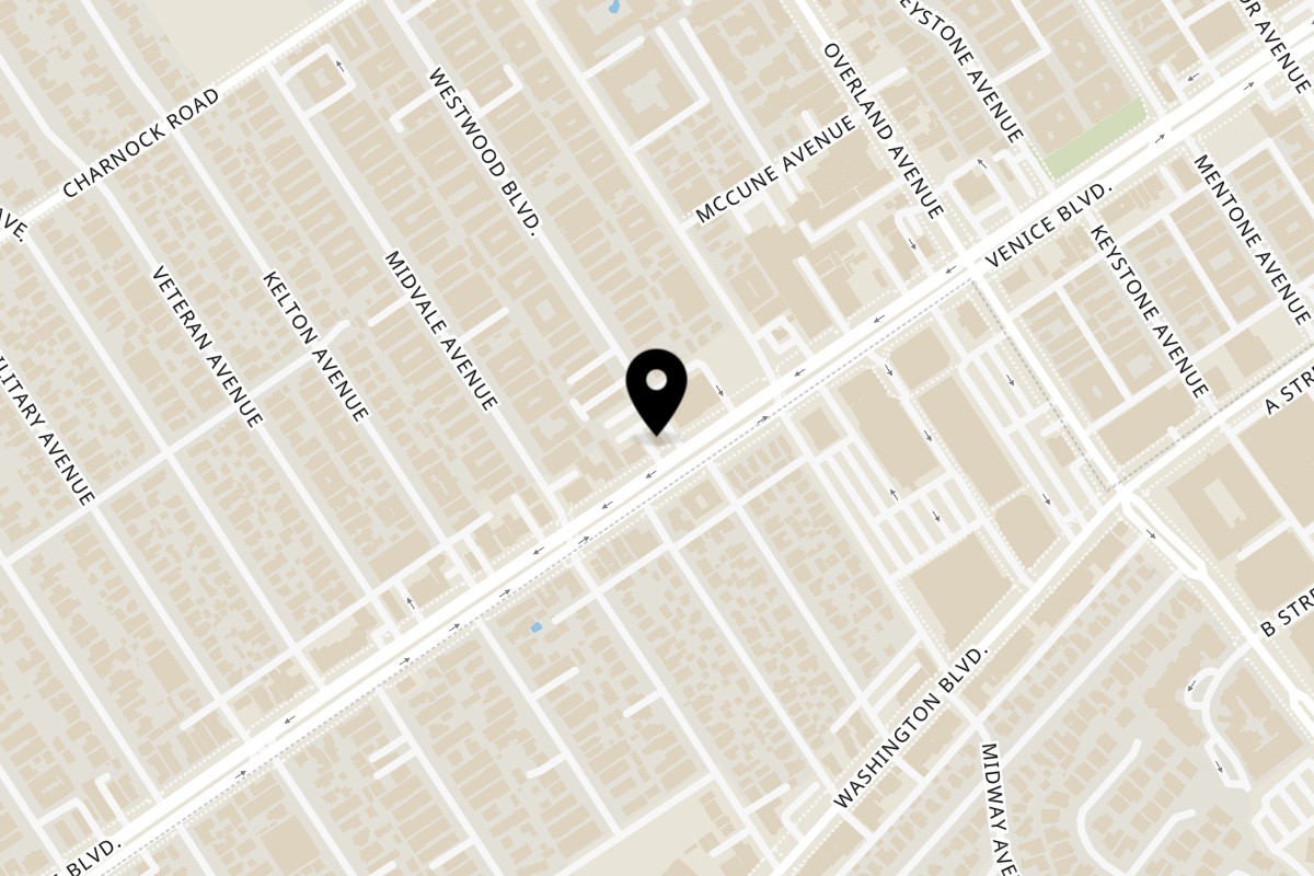 Map showing the location of Baja California Tacos Venice Blvd on 10831 Venice Blvd. in Los Angeles